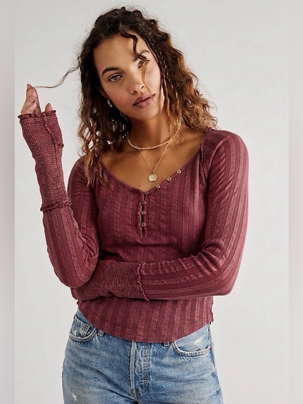 🤍  Free People We The Free Wild Hearts Long Sleeve Button Rib Henley